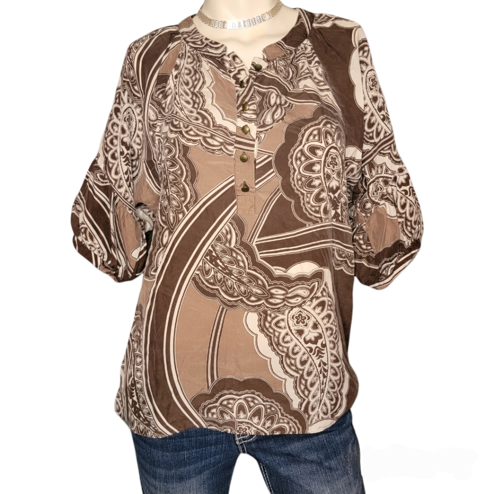 Banana Republic 100% Silk Paisley Print Puff Lantern Short Sleeve Blouse, szXS